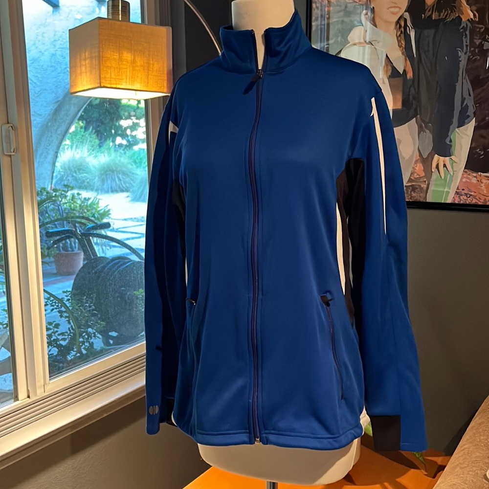 Blue athletic front zip jacket, ladies Medium